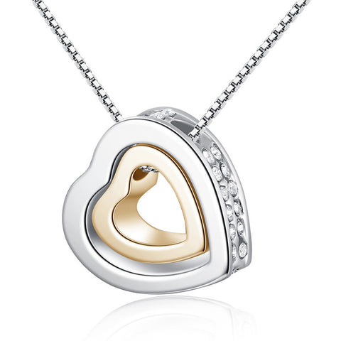 Elegant Double Heart Rhinestone Eternal Love Silver/Gold Necklace