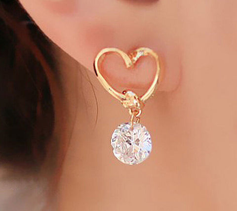Women's Silver Plated Heart Earrings with Crystal Rhinestone Drop