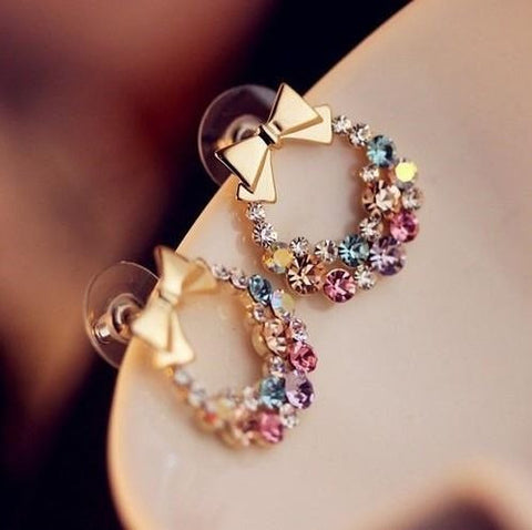 Multi Colored Rhinestones Bow Earrings