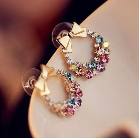 Multi Colored Rhinestones Bow Earrings